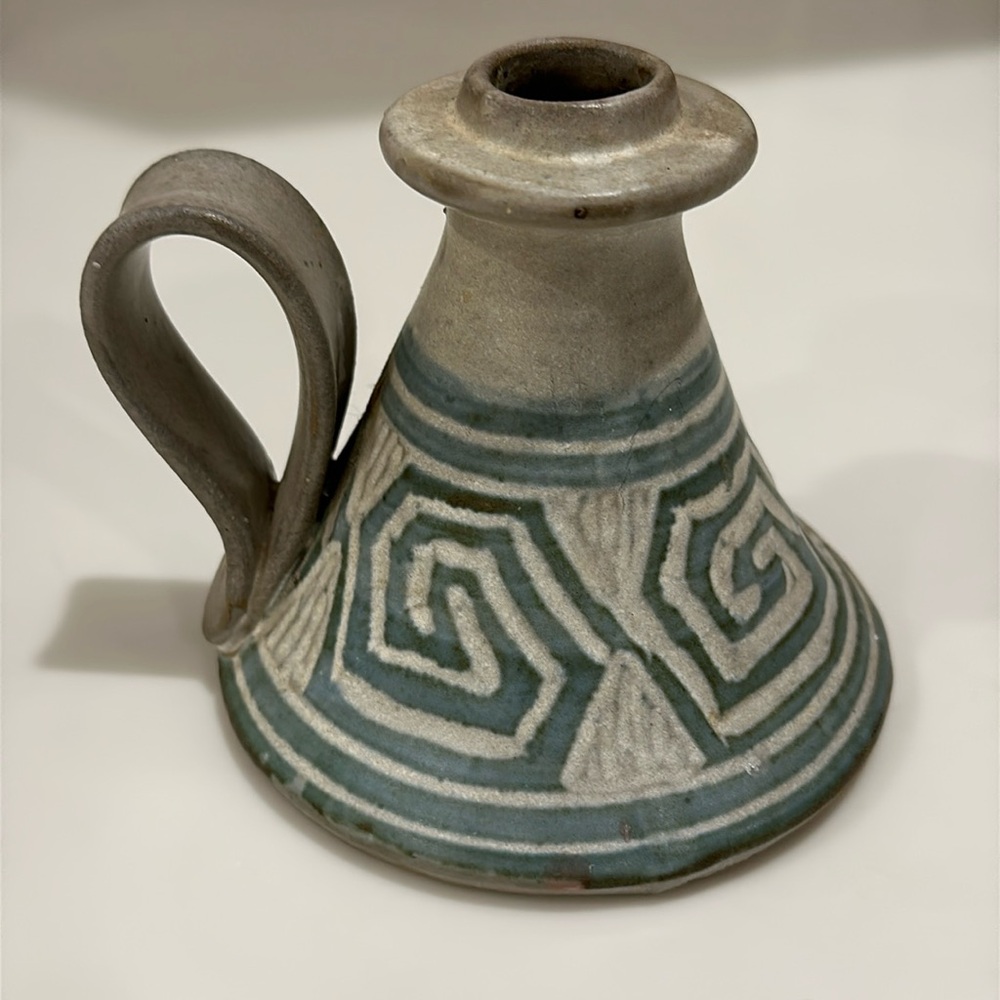 Handmade Geometric Design Pottery Candleholder Signed 4”